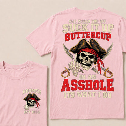 Retro Pixel Pirate Skull T-Shirt | Crossed Cutlasses & Red Bandana "Suck It Up" Graphic Tee
