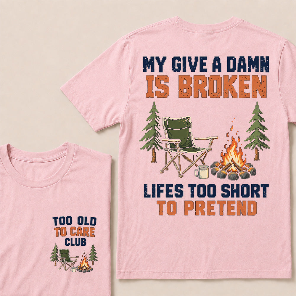 Retro Pixel Campfire & Chair T-Shirt | "My Give A Damn Is Broken" Funny Camping Tee
