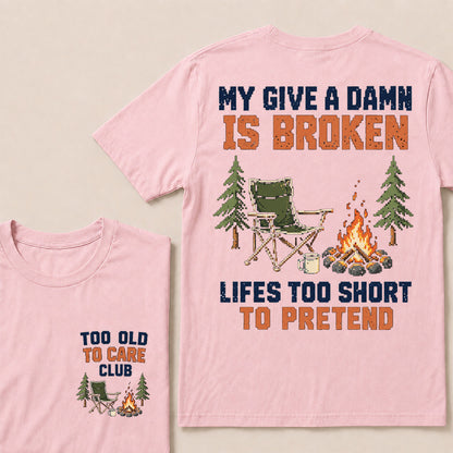 Retro Pixel Campfire & Chair T-Shirt | "My Give A Damn Is Broken" Funny Camping Tee