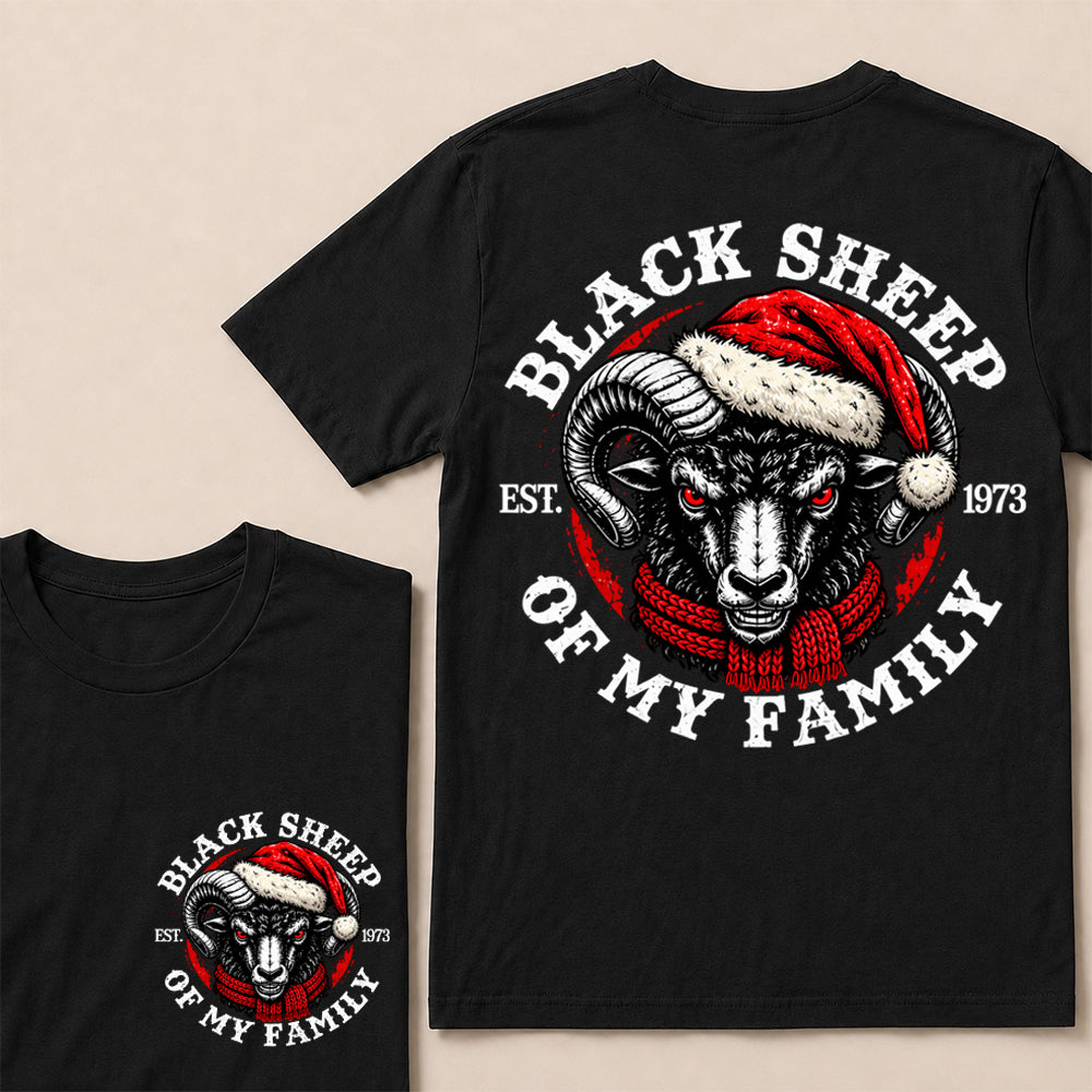 Black Sheep of My Family – Custom EST. Year Christmas Ram & Red Scarf Graphic T-Shirt