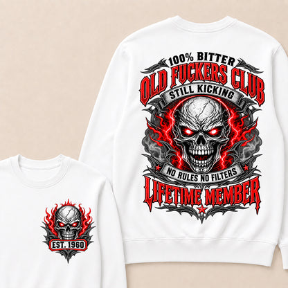100% Bitter Old Fuckers Club Lifetime Member – Custom EST.Year Red-Eyed Skull Graphic Sweatshirt