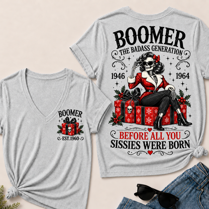 Boomer The Badass Generation Before All You Sissies Were Born – Custom EST. Year Christmas Skeleton & Gifts Women’s V-Neck T-Shirt