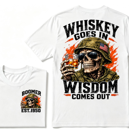 Boomer EST.Year Soldier Skull Whiskey Goes In Wisdom Comes Out American Flag Graphic T-Shirt