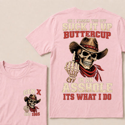 Retro Pixel Cowboy Skull Graphic Tee | "Suck It Up Buttercup" Gen X Sarcastic T-Shirt