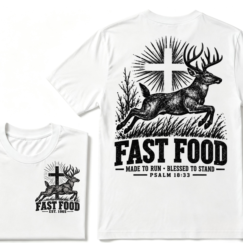 EST.Year Fast Food Made To Run Blessed To Stand Psalm 18:33 Deer Cross Hunting T-Shirt