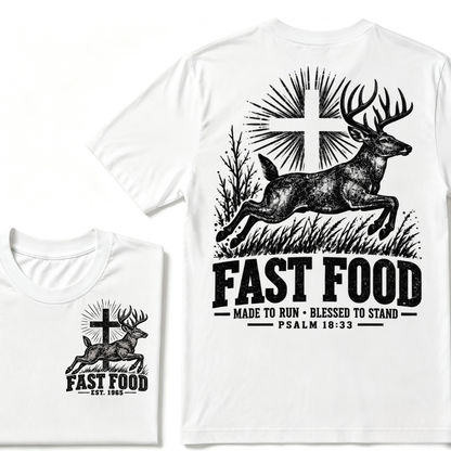 EST.Year Fast Food Made To Run Blessed To Stand Psalm 18:33 Deer Cross Hunting T-Shirt