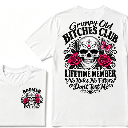 Boomer EST.Year Grumpy Old Club Sugar Skull Rose Butterfly Vintage Graphic T-Shirt