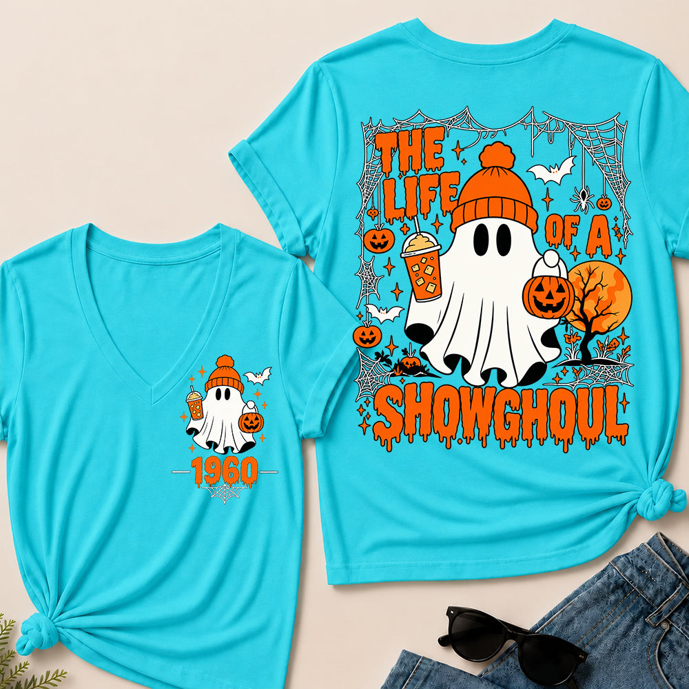 The Life of a Showghoul – Custom Birth Year Halloween Ghost & Pumpkin Women’s V-Neck T-Shirt