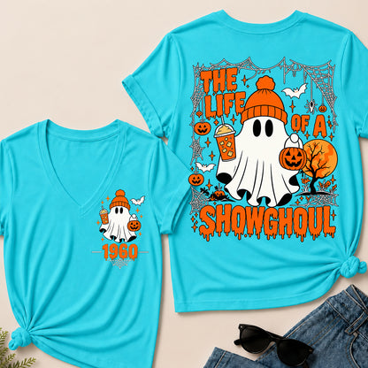 The Life of a Showghoul – Custom Birth Year Halloween Ghost & Pumpkin Women’s V-Neck T-Shirt