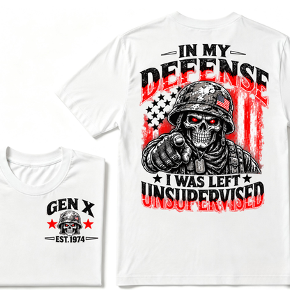 Gen X EST.Year In My Defense I Was Left Unsupervised Soldier Skull American Flag Graphic T-Shirt