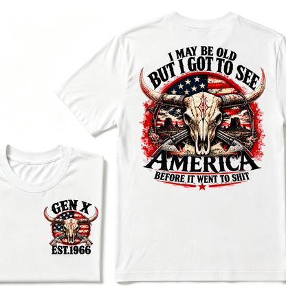 Gen X EST.Year I May Be Old But I Got To See America Longhorn Skull Western American Flag Graphic T-Shirt