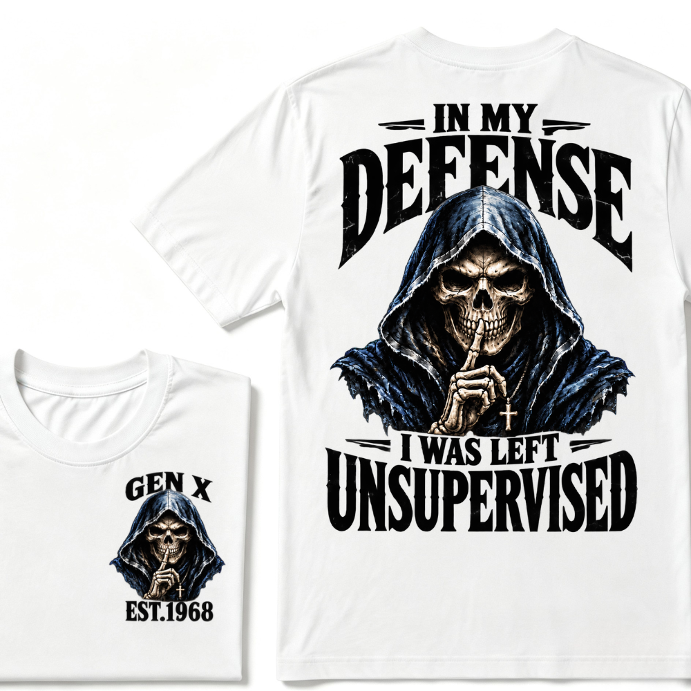 Gen X EST.Year Grim Reaper Skull In My Defense I Was Left Unsupervised Vintage Graphic T-Shirt