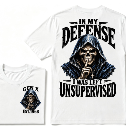 Gen X EST.Year Grim Reaper Skull In My Defense I Was Left Unsupervised Vintage Graphic T-Shirt