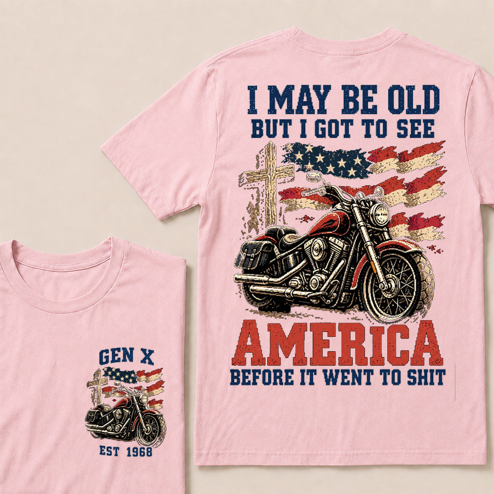 Vintage American Motorcycle & Cross T-Shirt | Patriotic Biker "I May Be Old" Graphic Tee