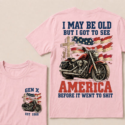 Vintage American Motorcycle & Cross T-Shirt | Patriotic Biker "I May Be Old" Graphic Tee