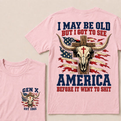 Retro Western Cow Skull & Cross Tee | Distressed American Flag Patriotic Graphic T-Shirt