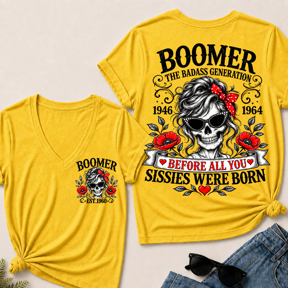 Boomer The Badass Generation Before All You Sissies Were Born – Custom EST.Year Floral Skull Women’s V-Neck T-Shirt