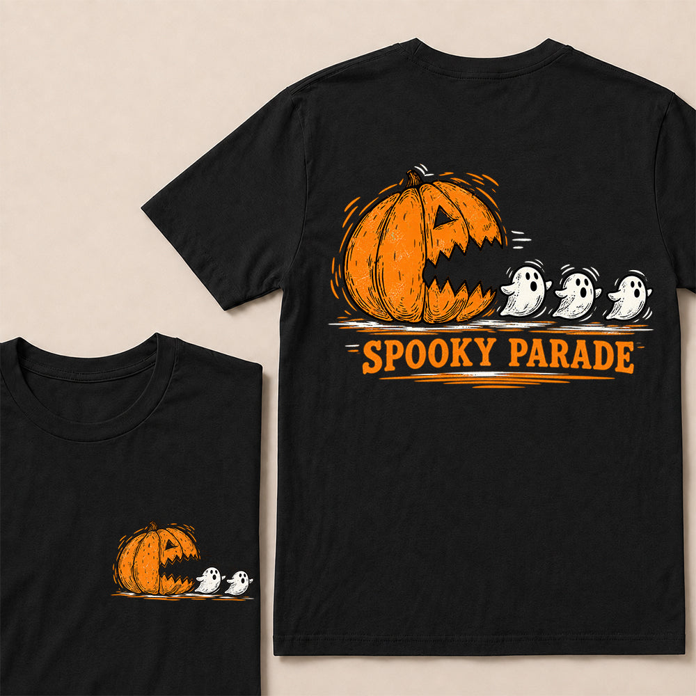 Spooky Parade – Vintage Halloween Pumpkin & Ghosts Graphic T-Shirt