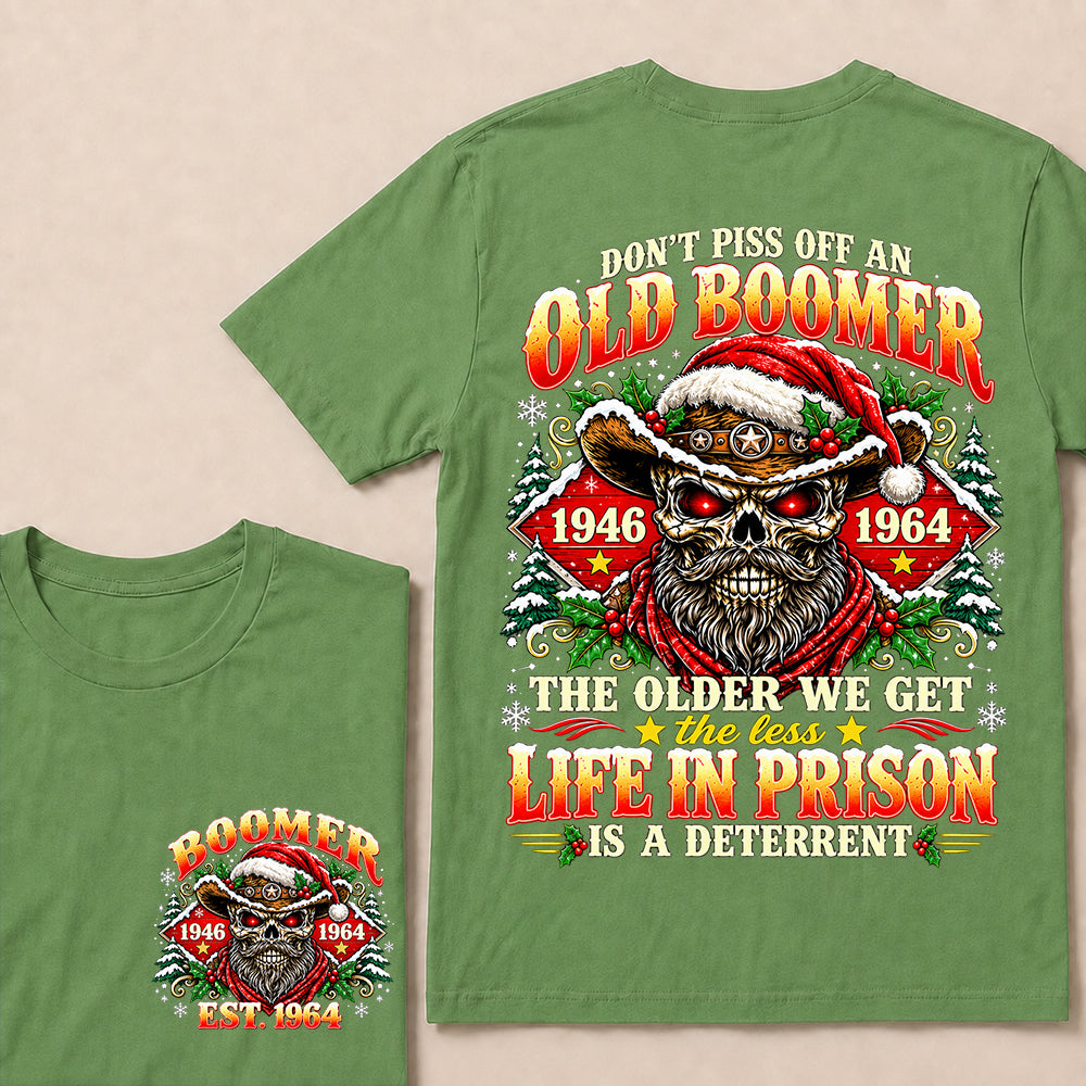 Don’t Piss Off an Old Boomer – Custom EST.Year Christmas Red-Eyed Cowboy Skull & Snowflakes T-Shirt