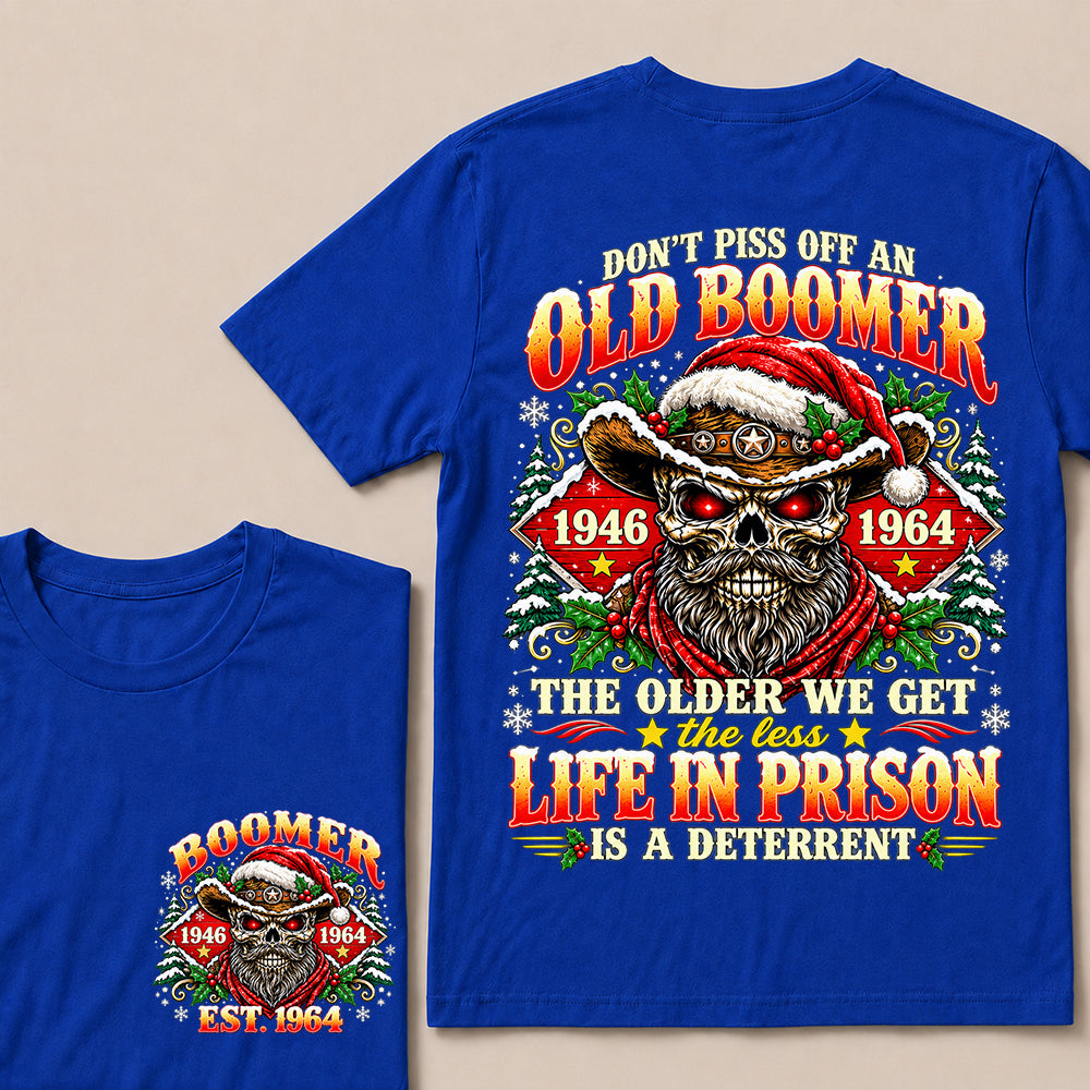 Don’t Piss Off an Old Boomer – Custom EST.Year Christmas Red-Eyed Cowboy Skull & Snowflakes T-Shirt