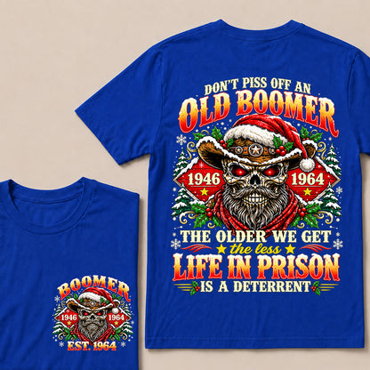 Don’t Piss Off an Old Boomer – Custom EST.Year Christmas Red-Eyed Cowboy Skull & Snowflakes T-Shirt