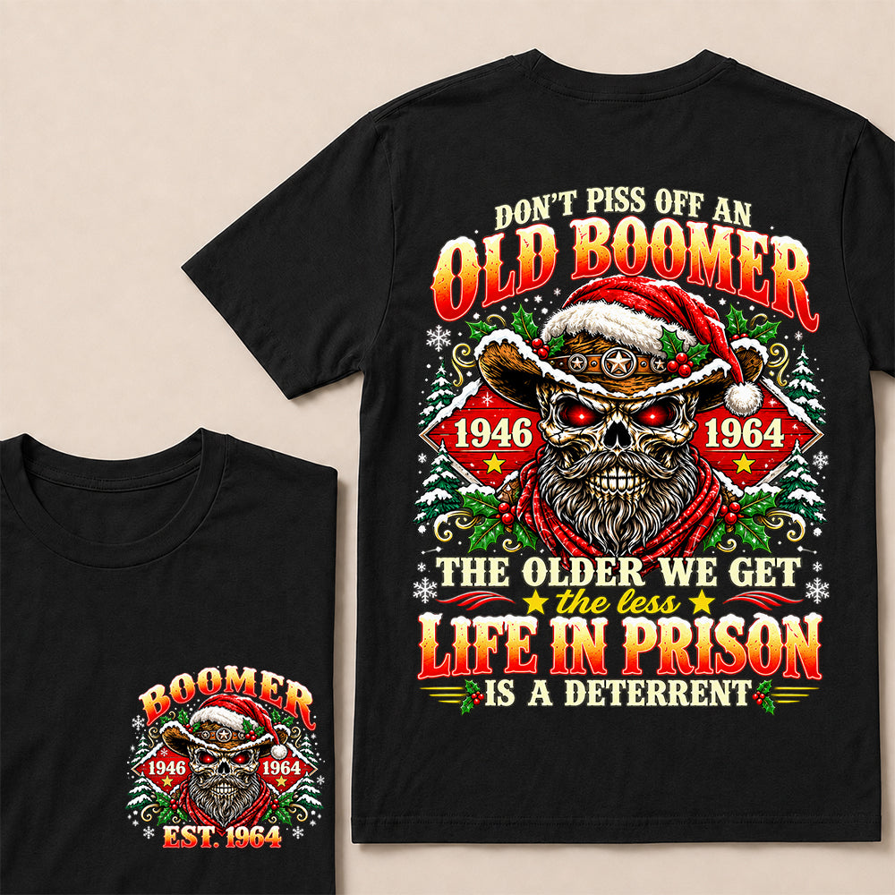 Don’t Piss Off an Old Boomer – Custom EST.Year Christmas Red-Eyed Cowboy Skull & Snowflakes T-Shirt