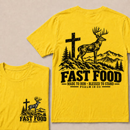 Fast Food Made to Run Blessed to Stand – Custom EST.Year Deer & Mountain Psalm 18:33 Christian T-Shirt