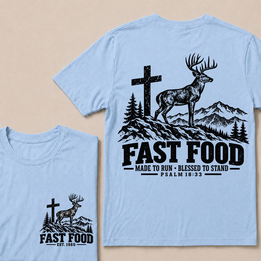 Fast Food Made to Run Blessed to Stand – Custom EST.Year Deer & Mountain Psalm 18:33 Christian T-Shirt
