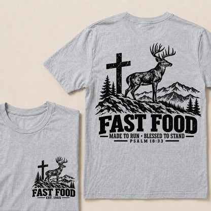 Fast Food Made to Run Blessed to Stand – Custom EST.Year Deer & Mountain Psalm 18:33 Christian T-Shirt
