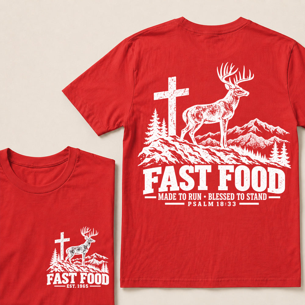 Fast Food Made to Run Blessed to Stand – Custom EST.Year Deer & Mountain Psalm 18:33 Christian T-Shirt
