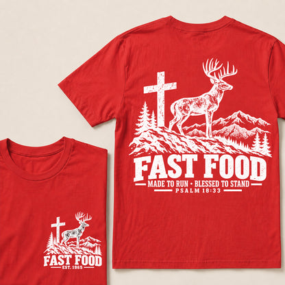 Fast Food Made to Run Blessed to Stand – Custom EST.Year Deer & Mountain Psalm 18:33 Christian T-Shirt