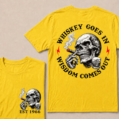 Whiskey Goes In Wisdom Comes Out – Custom EST.Year Whiskey & Cigar Skull Graphic T-Shirt
