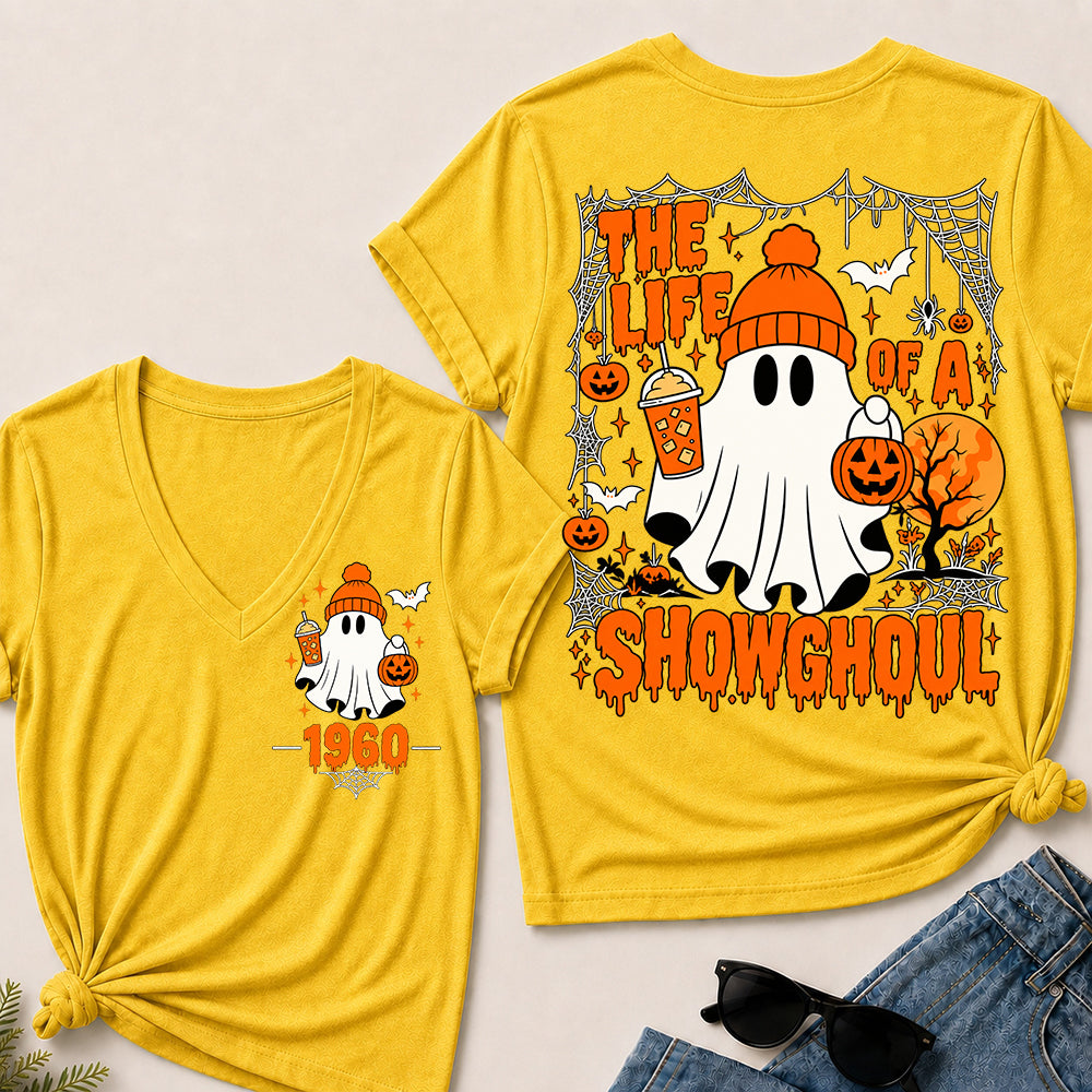 The Life of a Showghoul – Custom Birth Year Halloween Ghost & Pumpkin Women’s V-Neck T-Shirt