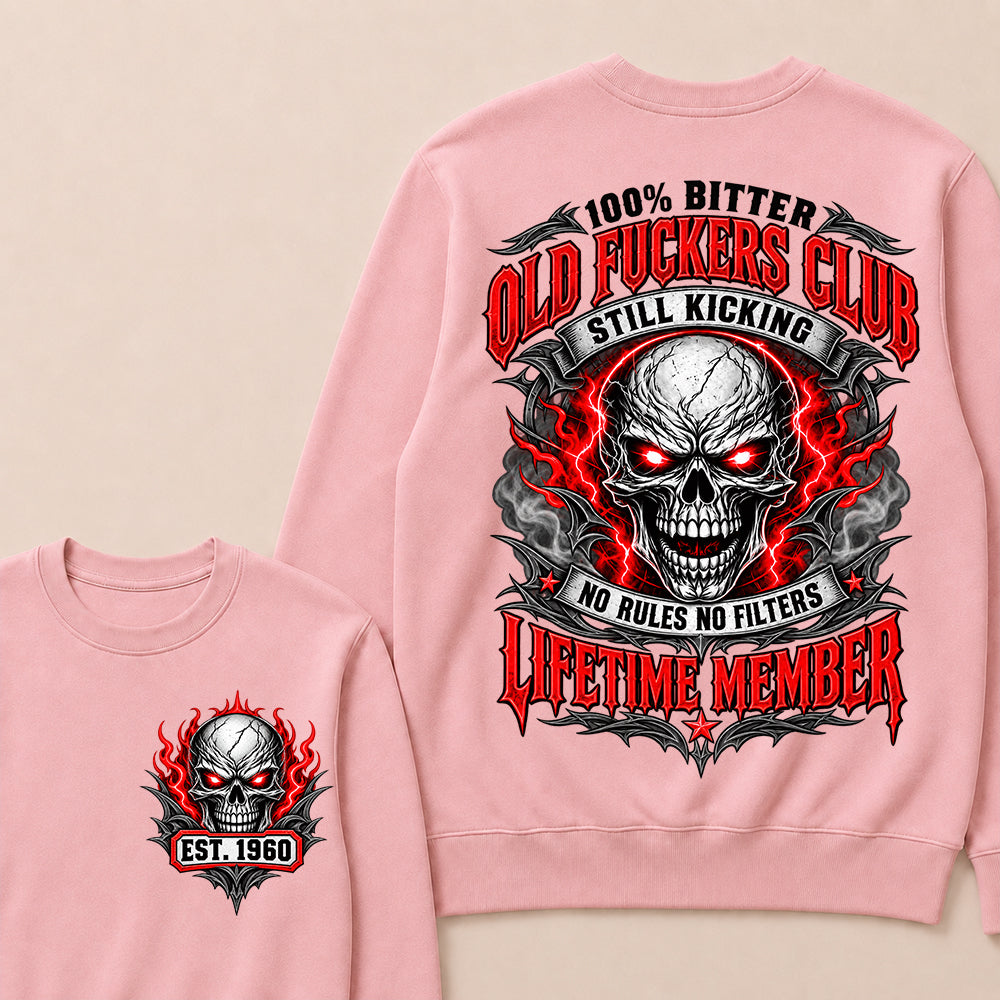 100% Bitter Old Fuckers Club Lifetime Member – Custom EST.Year Red-Eyed Skull Graphic Sweatshirt