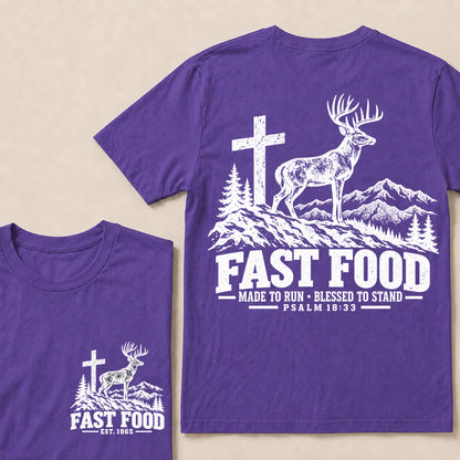 Fast Food Made to Run Blessed to Stand – Custom EST.Year Deer & Mountain Psalm 18:33 Christian T-Shirt