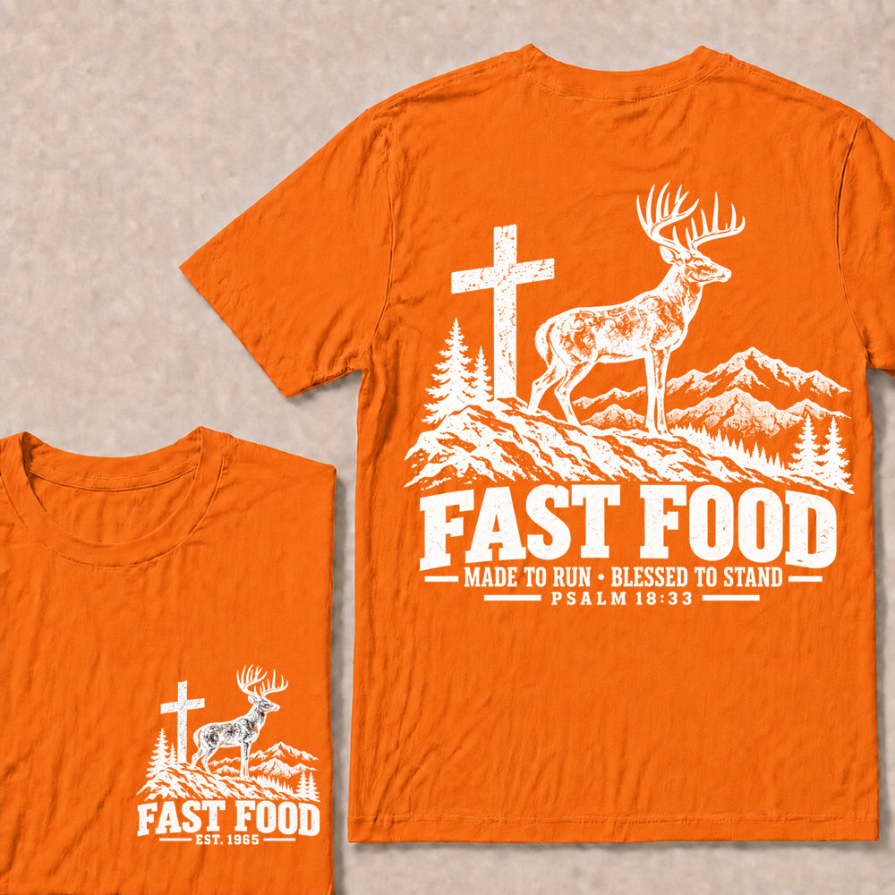 Fast Food Made to Run Blessed to Stand – Custom EST.Year Deer & Mountain Psalm 18:33 Christian T-Shirt