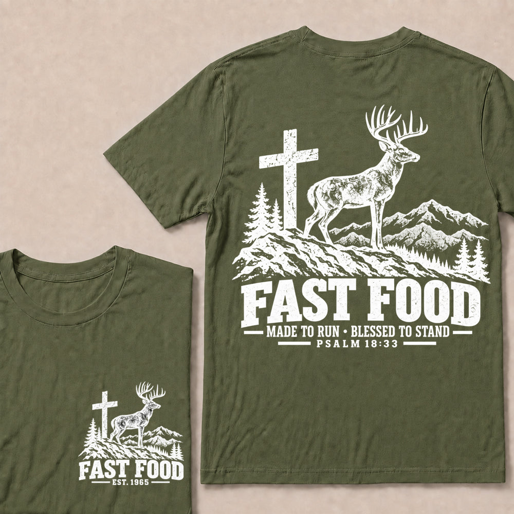 Fast Food Made to Run Blessed to Stand – Custom EST.Year Deer & Mountain Psalm 18:33 Christian T-Shirt