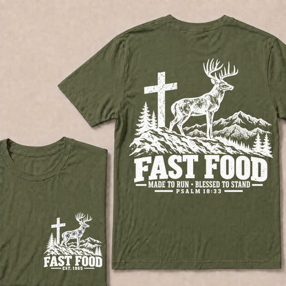 Fast Food Made to Run Blessed to Stand – Custom EST.Year Deer & Mountain Psalm 18:33 Christian T-Shirt