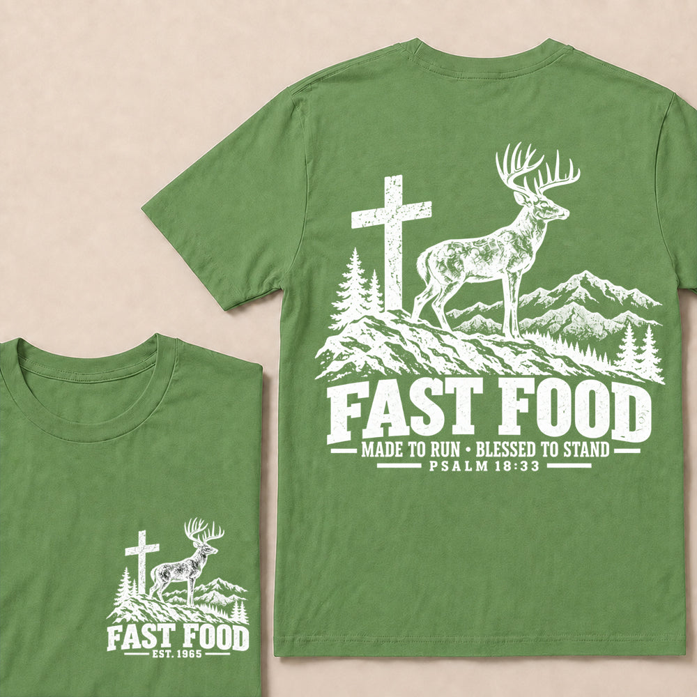 Fast Food Made to Run Blessed to Stand – Custom EST.Year Deer & Mountain Psalm 18:33 Christian T-Shirt