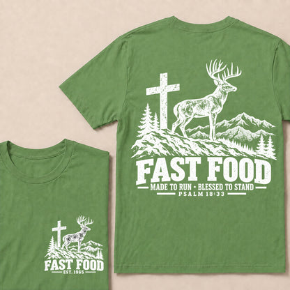 Fast Food Made to Run Blessed to Stand – Custom EST.Year Deer & Mountain Psalm 18:33 Christian T-Shirt
