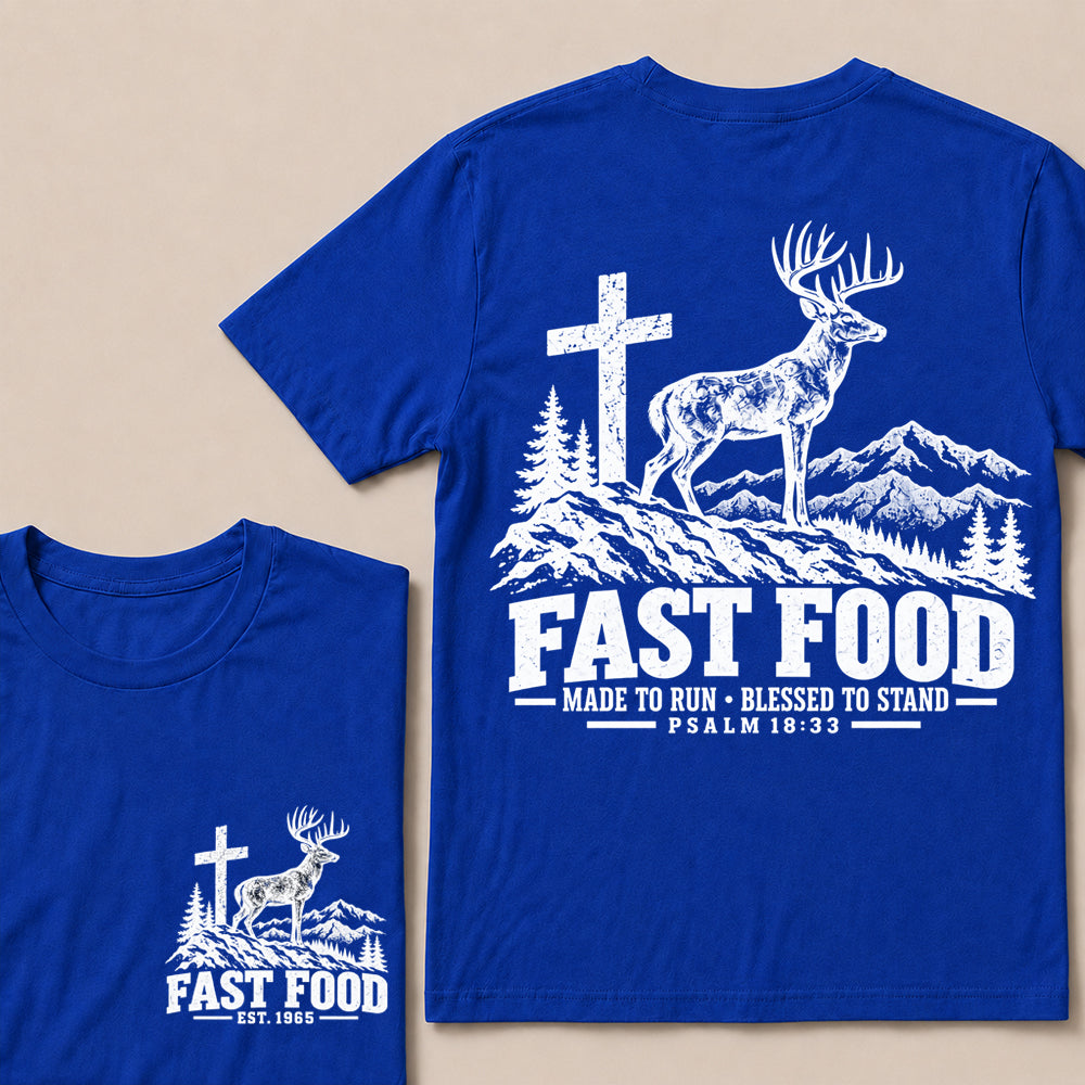 Fast Food Made to Run Blessed to Stand – Custom EST.Year Deer & Mountain Psalm 18:33 Christian T-Shirt