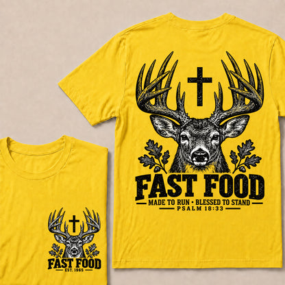 Fast Food Made to Run Blessed to Stand – Custom EST.Year Buck Head & Cross Psalm 18:33 Christian T-Shirt