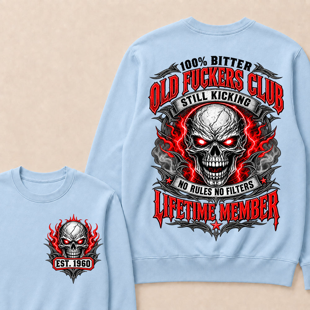 100% Bitter Old Fuckers Club Lifetime Member – Custom EST.Year Red-Eyed Skull Graphic Sweatshirt