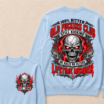 100% Bitter Old Fuckers Club Lifetime Member – Custom EST.Year Red-Eyed Skull Graphic Sweatshirt