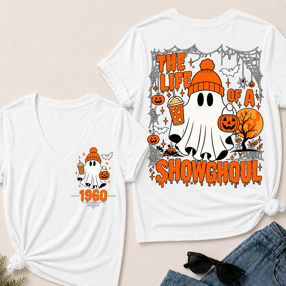The Life of a Showghoul – Custom Birth Year Halloween Ghost & Pumpkin Women’s V-Neck T-Shirt