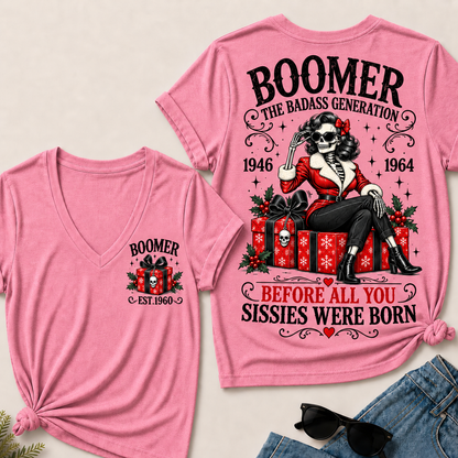 Boomer The Badass Generation Before All You Sissies Were Born – Custom EST. Year Christmas Skeleton & Gifts Women’s V-Neck T-Shirt