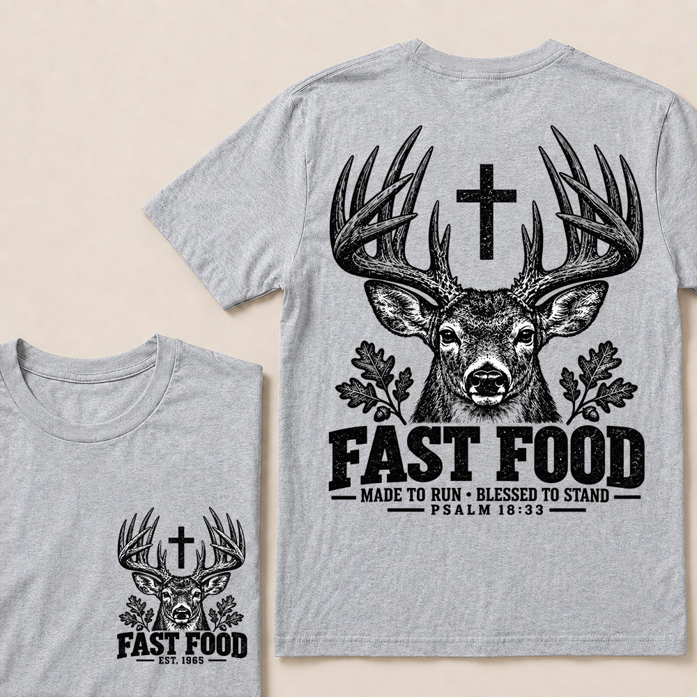Fast Food Made to Run Blessed to Stand – Custom EST.Year Deer & Mountain Psalm 18:33 Christian T-Shirt