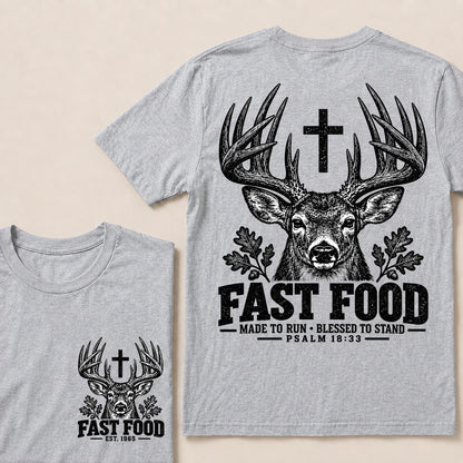 Fast Food Made to Run Blessed to Stand – Custom EST.Year Deer & Mountain Psalm 18:33 Christian T-Shirt