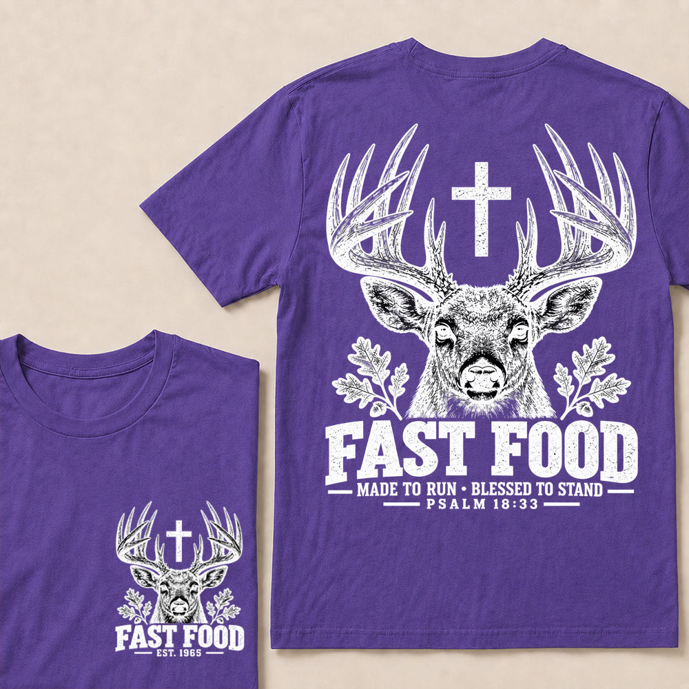 Fast Food Made to Run Blessed to Stand – Custom EST.Year Buck Head & Cross Psalm 18:33 Christian T-Shirt