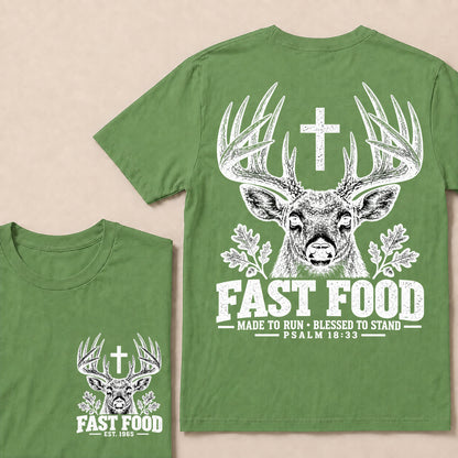 Fast Food Made to Run Blessed to Stand – Custom EST.Year Buck Head & Cross Psalm 18:33 Christian T-Shirt